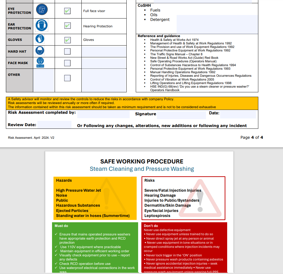 Steam Jet Pressure Washer - Risk Assessment